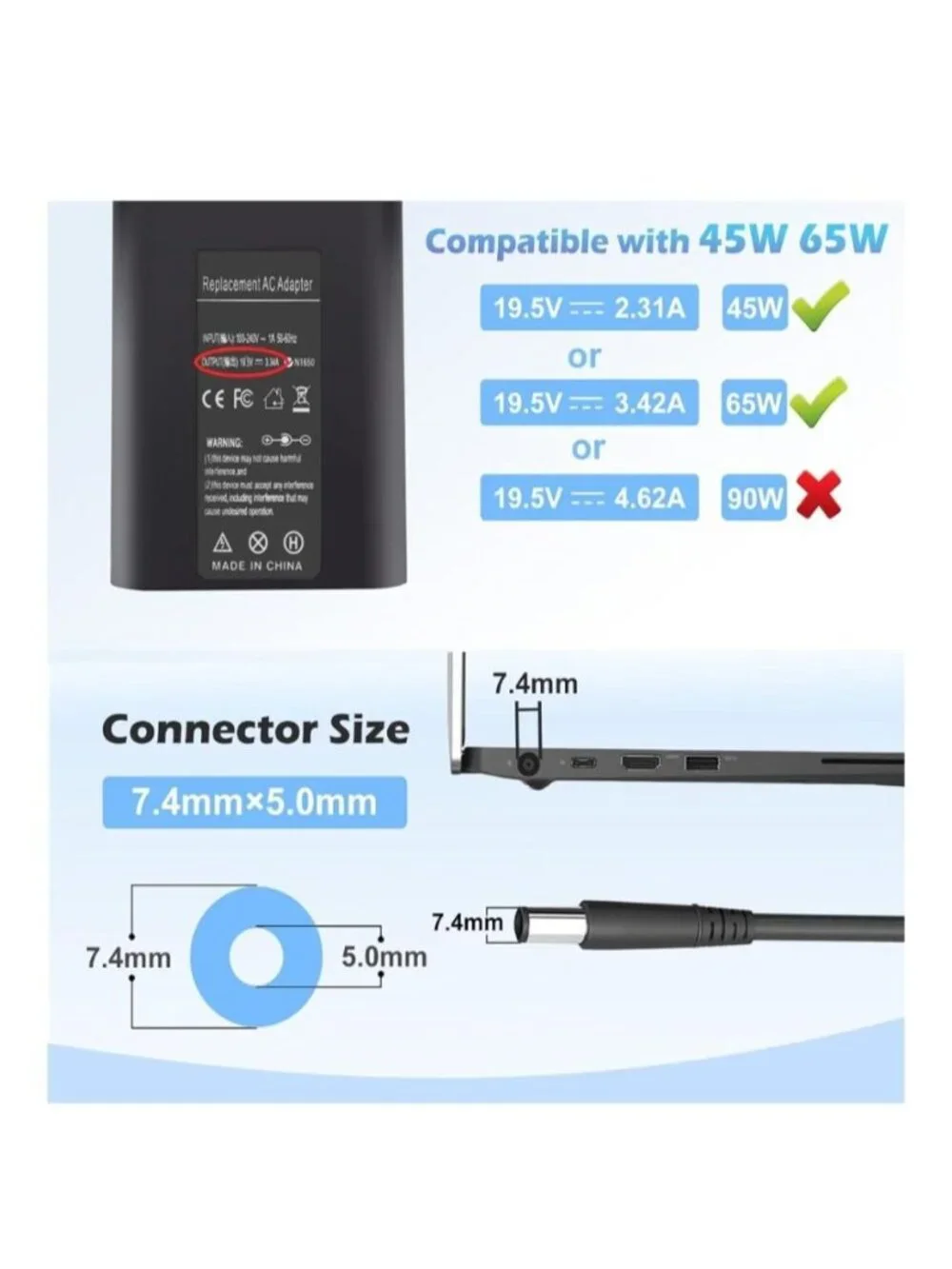65W Laptop Charger Adapter Compatible With Dell Latitude 5400 5500 5480 5590